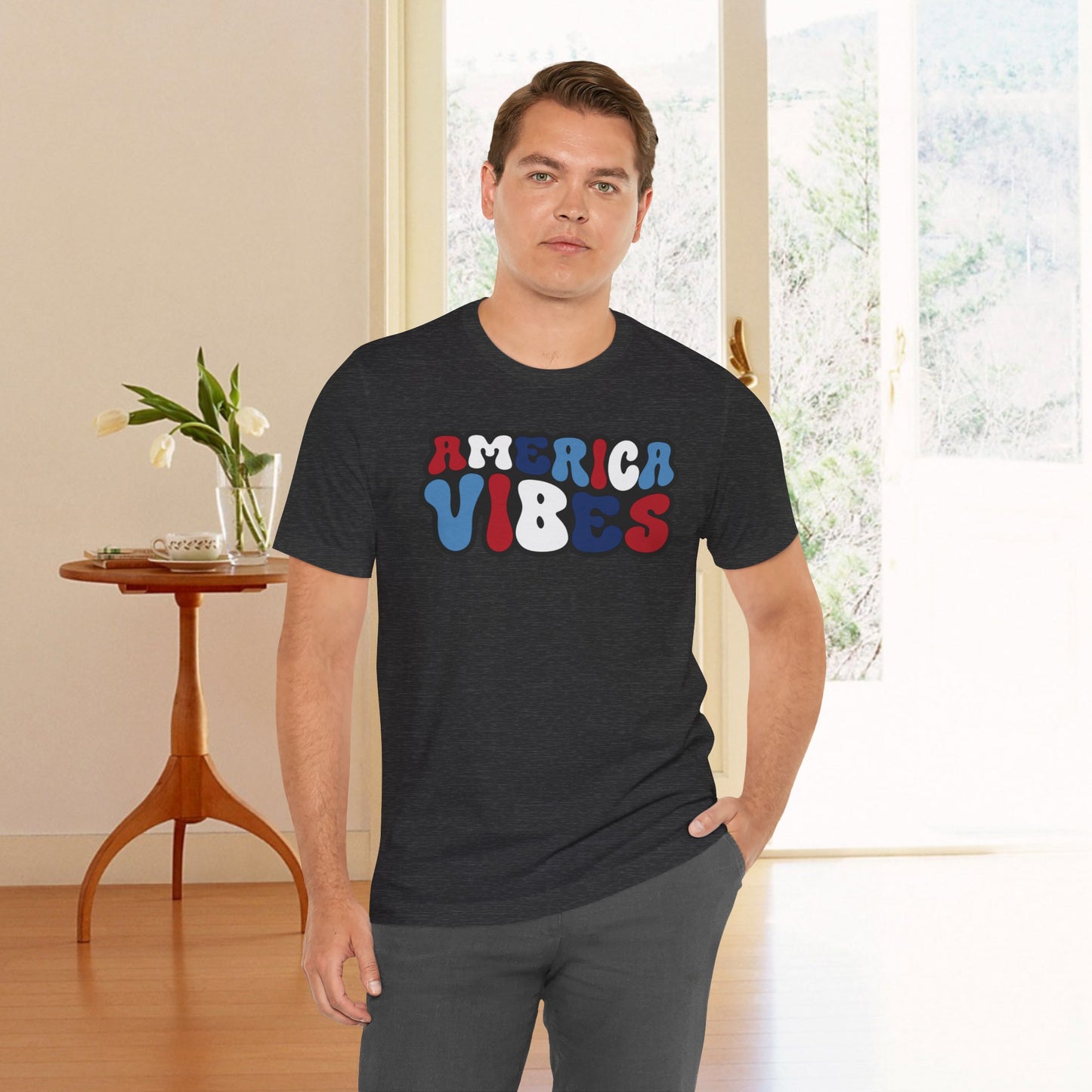 America Vibes | July 4th | Independence Day | Flag| Adult Jersey Short Sleeve Tee