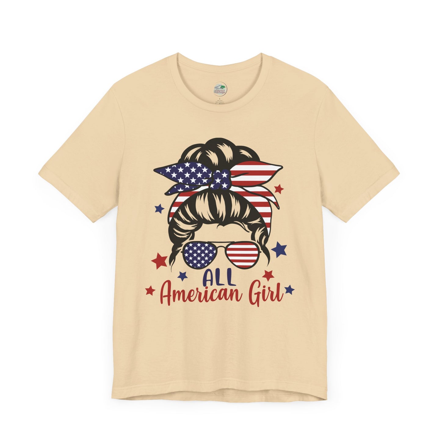 All American Girl | Messy Bun | July 4th | Independence Day | Flag | Adult Jersey Short Sleeve Tee