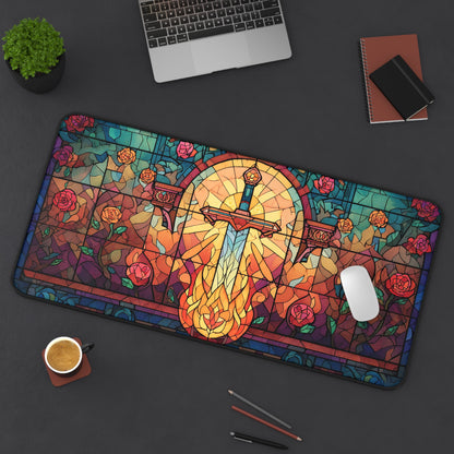 Roses & Sword Stained Glass | Gaming Mat | Desk Mat | Mouse Pad | Castle | TCG | MTG