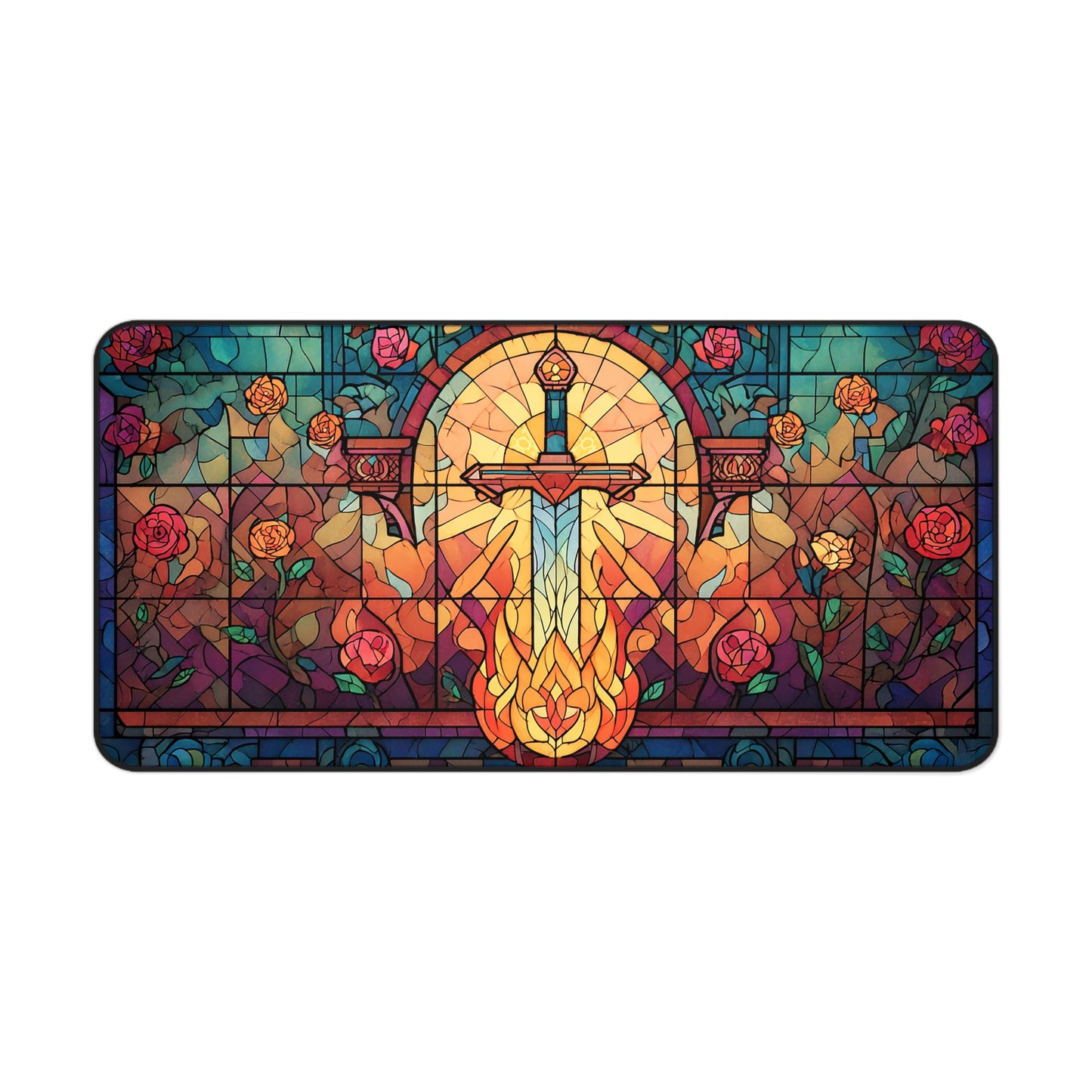Roses & Sword Stained Glass | Gaming Mat | Desk Mat | Mouse Pad | Castle | TCG | MTG
