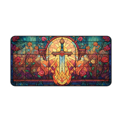 Roses & Sword Stained Glass | Gaming Mat | Desk Mat | Mouse Pad | Castle | TCG | MTG