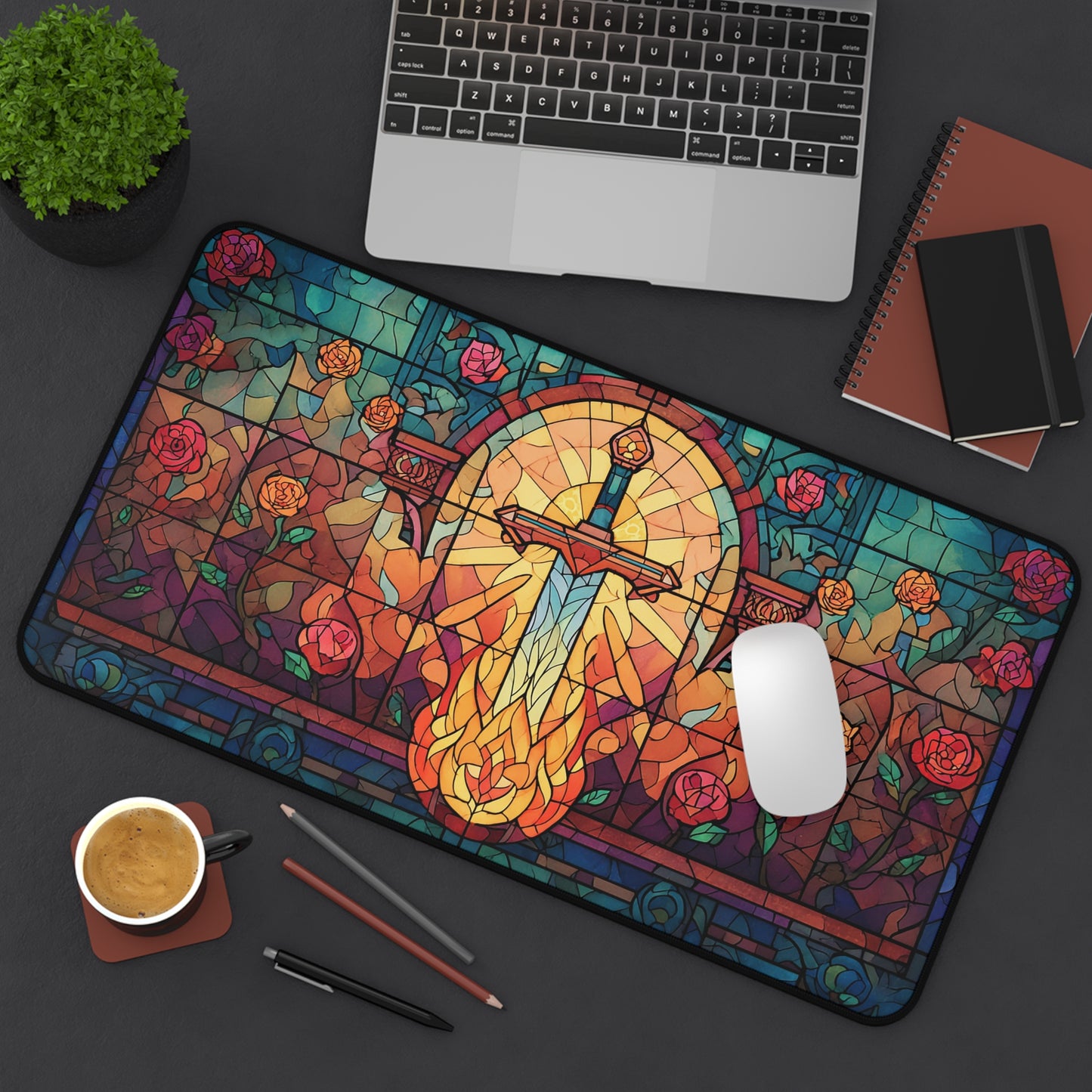Roses & Sword Stained Glass | Gaming Mat | Desk Mat | Mouse Pad | Castle | TCG | MTG