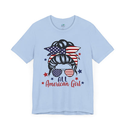 All American Girl | Messy Bun | July 4th | Independence Day | Flag | Adult Jersey Short Sleeve Tee