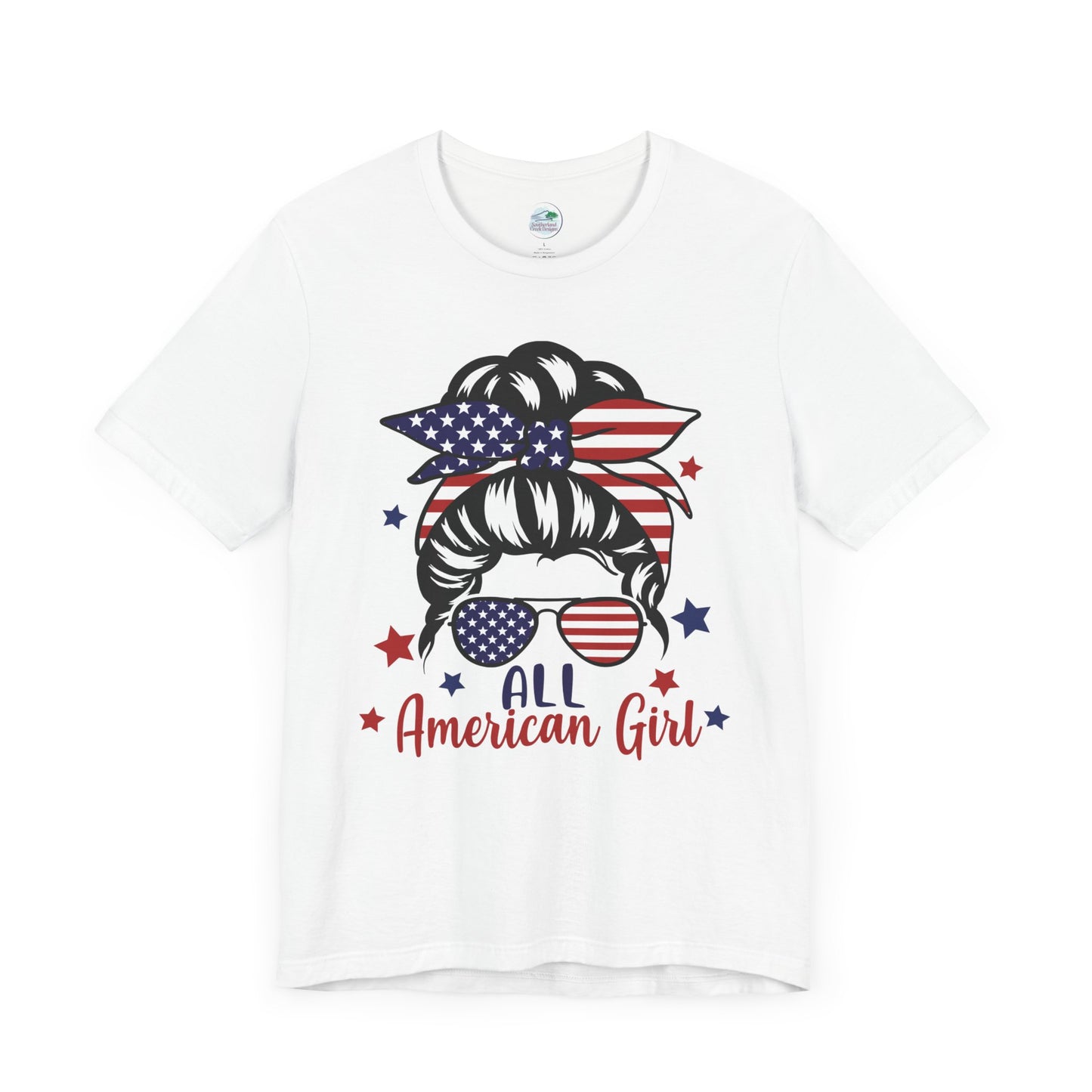 All American Girl | Messy Bun | July 4th | Independence Day | Flag | Adult Jersey Short Sleeve Tee