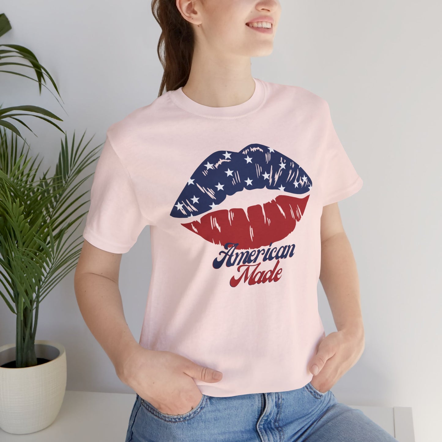 American Made | Lips | Kiss | July 4th | Independence Day | Flag | Adult Jersey Short Sleeve Tee