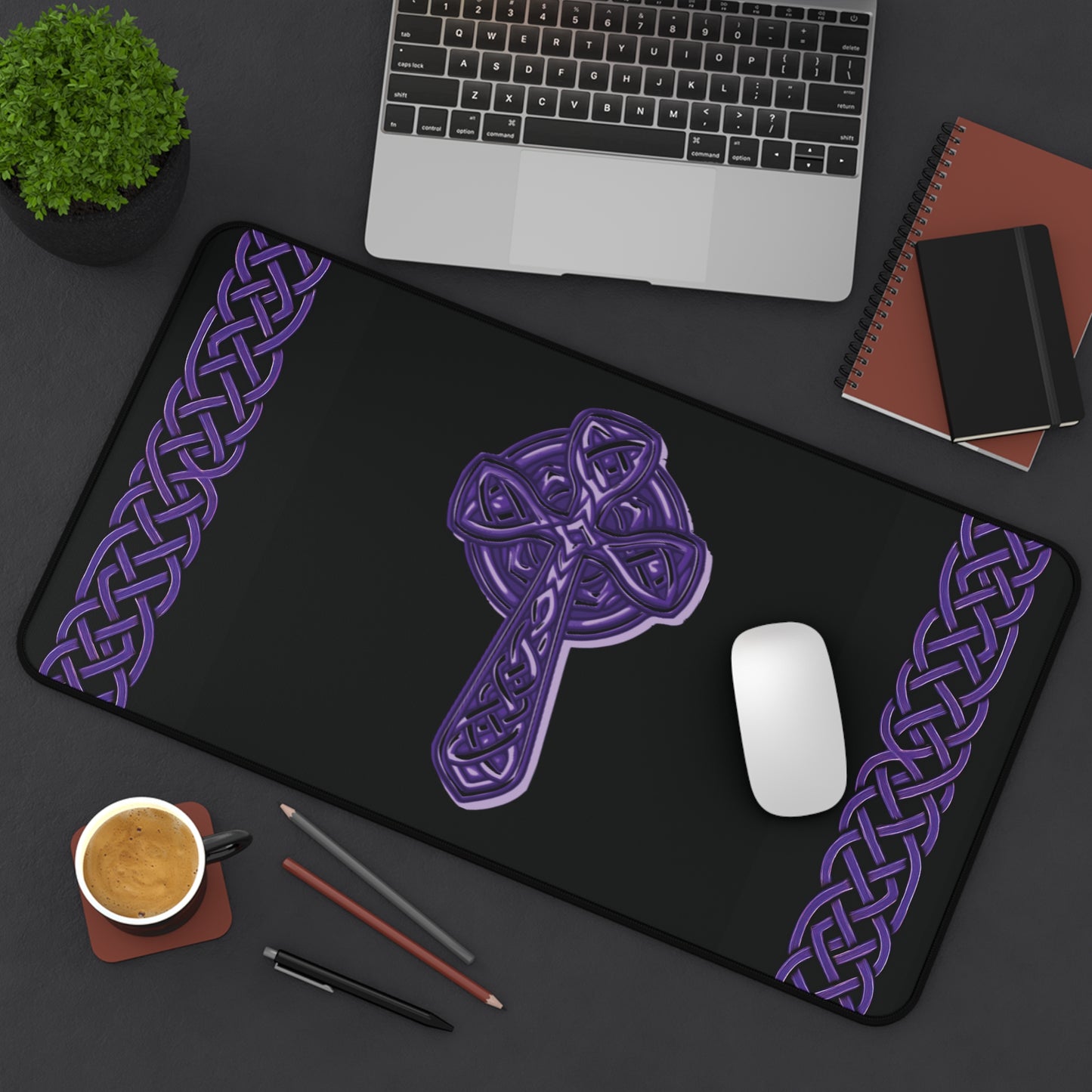 Celtic Cross Desk Mat — Black with Purple Celtic Knot Accents