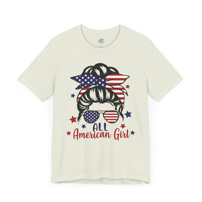 All American Girl | Messy Bun | July 4th | Independence Day | Flag | Adult Jersey Short Sleeve Tee