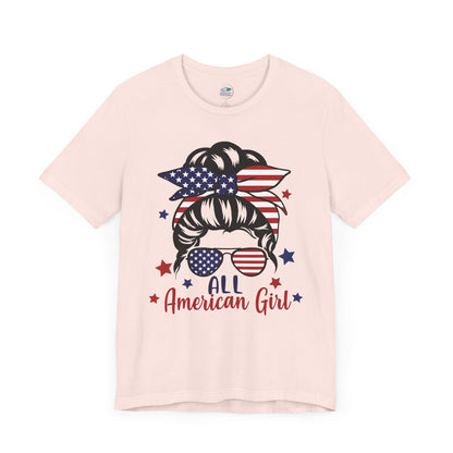 All American Girl | Messy Bun | July 4th | Independence Day | Flag | Adult Jersey Short Sleeve Tee