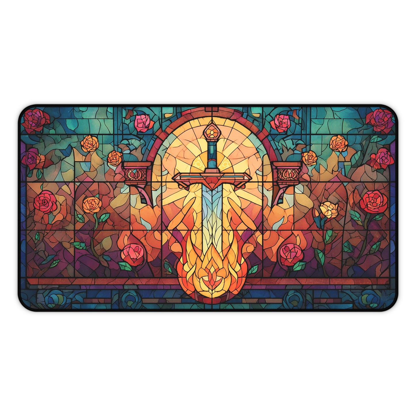 Roses & Sword Stained Glass | Gaming Mat | Desk Mat | Mouse Pad | Castle | TCG | MTG
