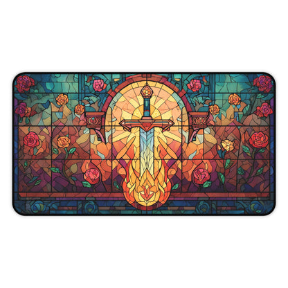 Roses & Sword Stained Glass | Gaming Mat | Desk Mat | Mouse Pad | Castle | TCG | MTG